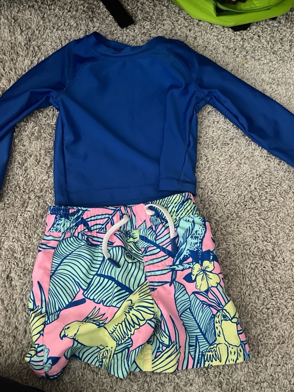 Kids Blue Long-Sleeve Rash Guard with Pink Tropical Swim Shorts